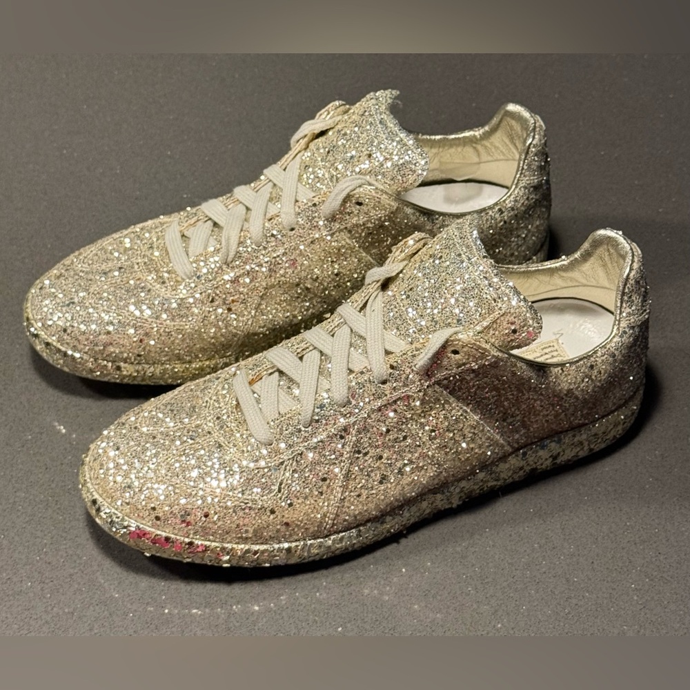 $725 Maison Margiela Sparkling Glitter Low Top Replica Sneakers Light Gold 38/8